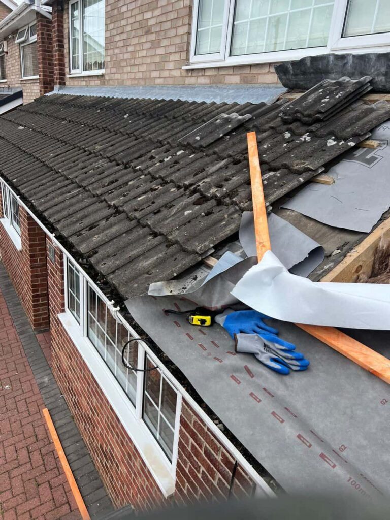 This is a photo of a pitched roof which is being repaired. The existing roof was leaking badly. Works carried out by Warsop Roofing Repairs